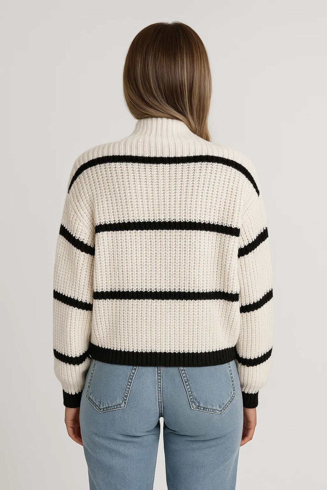 Women's Striped Mock Neck Knit Jumper Ribbed Relaxed Drop-Shoulder Pullover