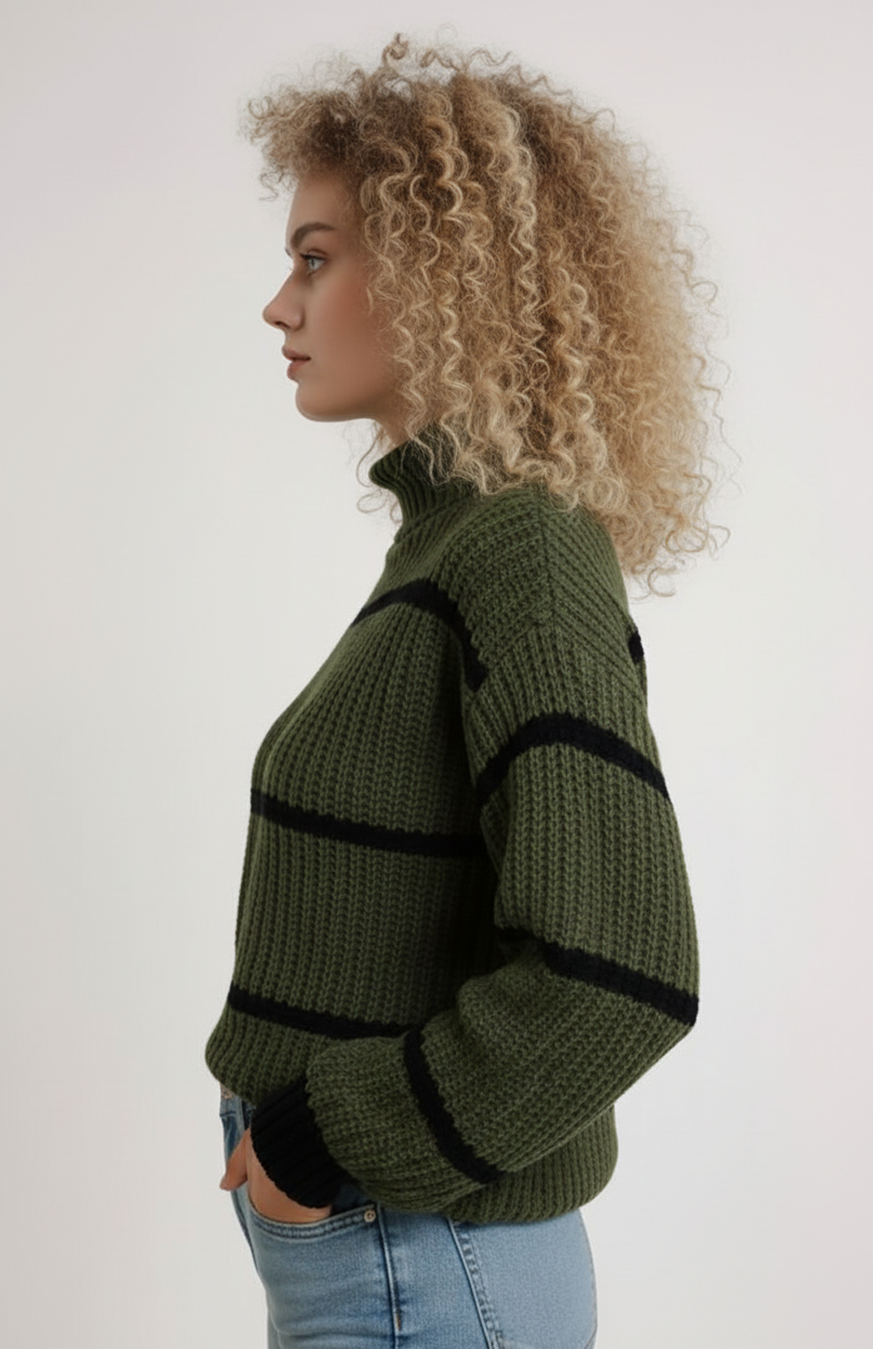 Women's Striped Mock Neck Knit Jumper Ribbed Relaxed Drop-Shoulder Pullover
