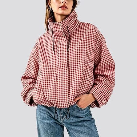 Women's Gingham Check Cropped Jacket Padded Stand Collar Zip-Up Oversized Warm