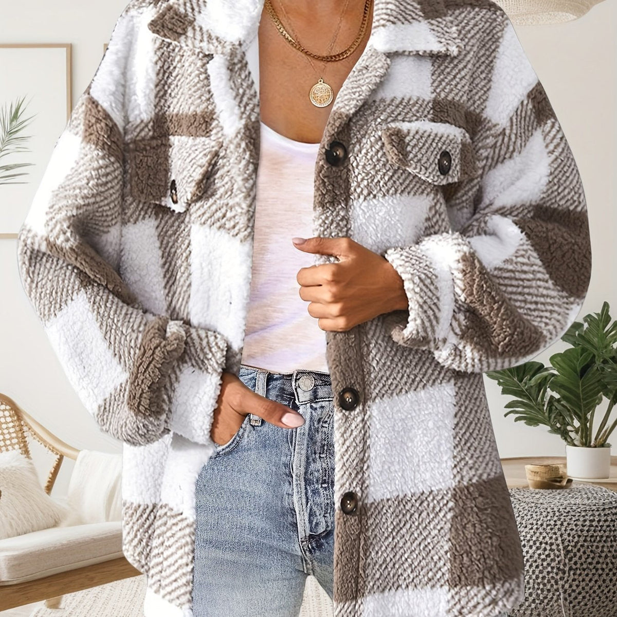 Women's Plaid Plush Shacket Button-Front Collared Teddy Fleece Relaxed Warm