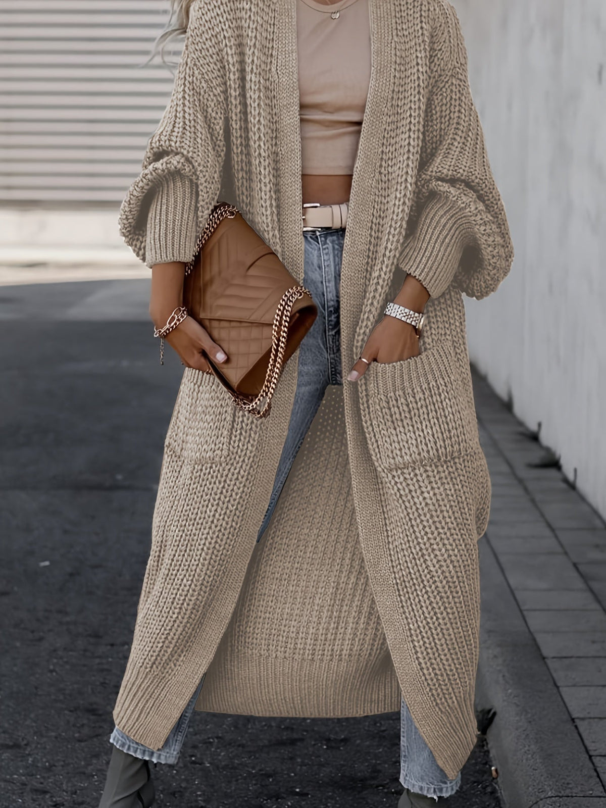 Women's Wool Knit Longline Cardigan Open-Front Chunky Patch-Pocket Maxi