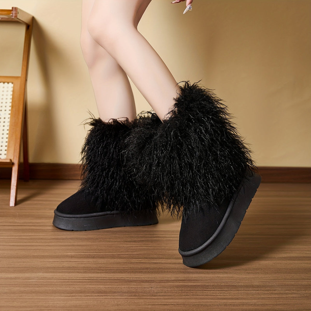 Women's Shaggy Faux Fur Boots Mid-Calf Platform Winter Warm Plush Slip-On