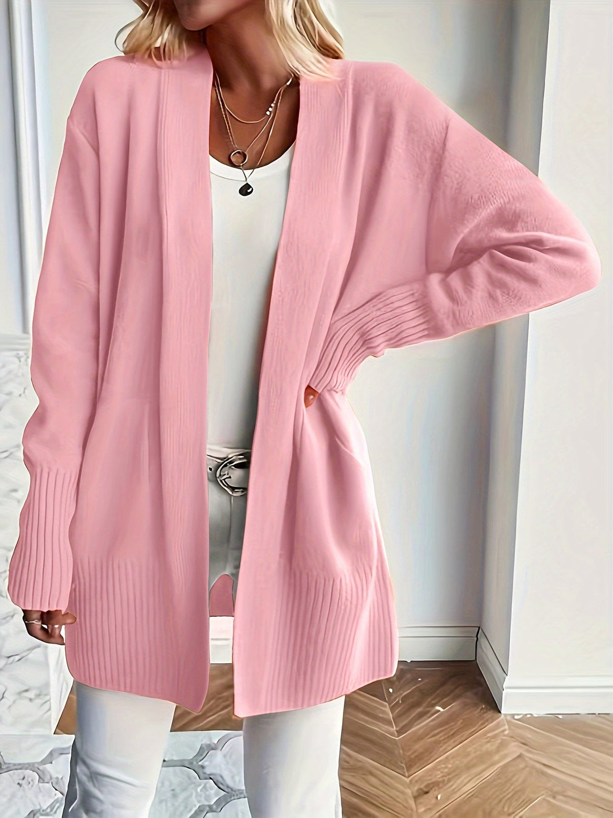 Women's Open-Front Knit Cardigan Ribbed-Trim Longline Drop-Shoulder Pockets Relaxed