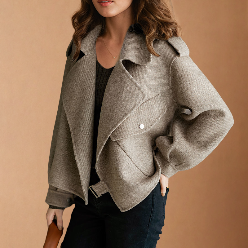 Women's Crepe Cropped Jacket Oversized Notch Lapel Open-Front Drape Gray