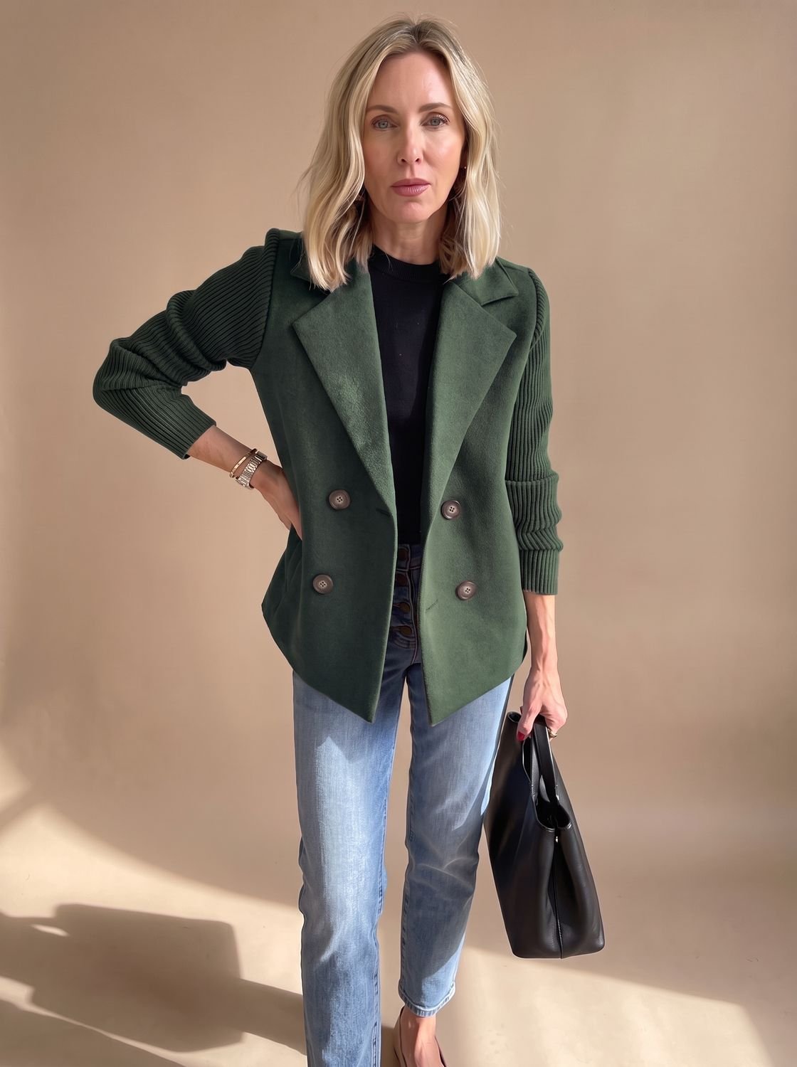 Women's Wool Blend Blazer Knit Sleeve Double-Breasted Notch Lapel Tailored