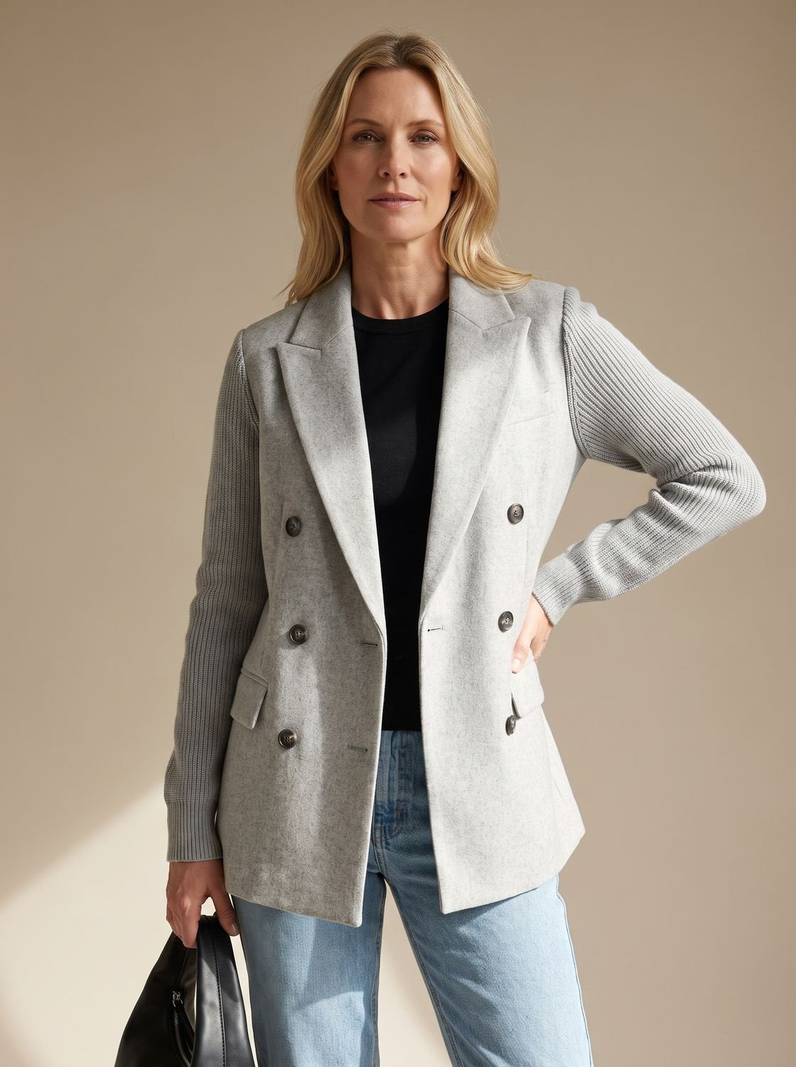Women's Wool Blend Blazer Knit Sleeve Double-Breasted Notch Lapel Tailored