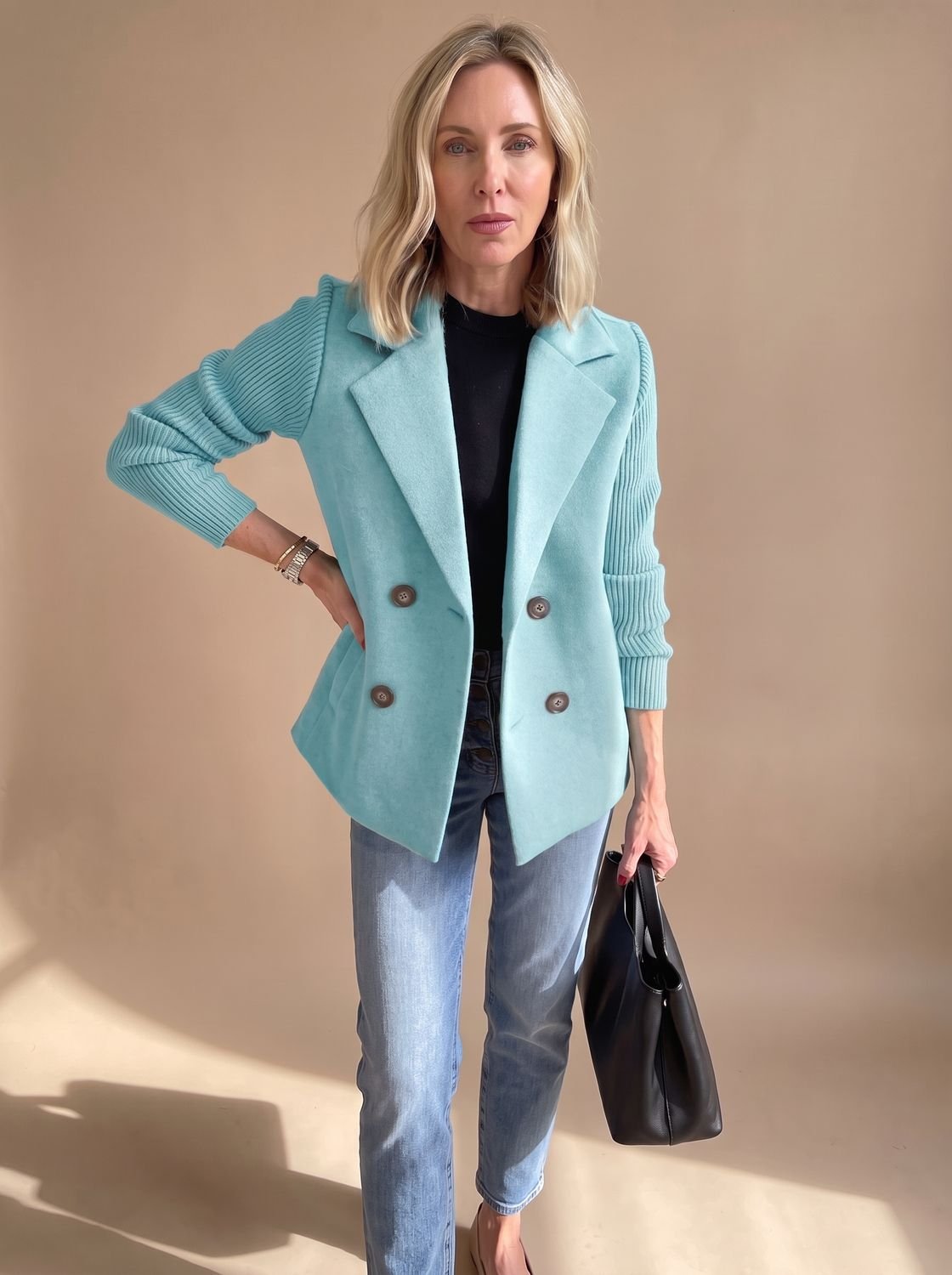 Women's Wool Blend Blazer Knit Sleeve Double-Breasted Notch Lapel Tailored