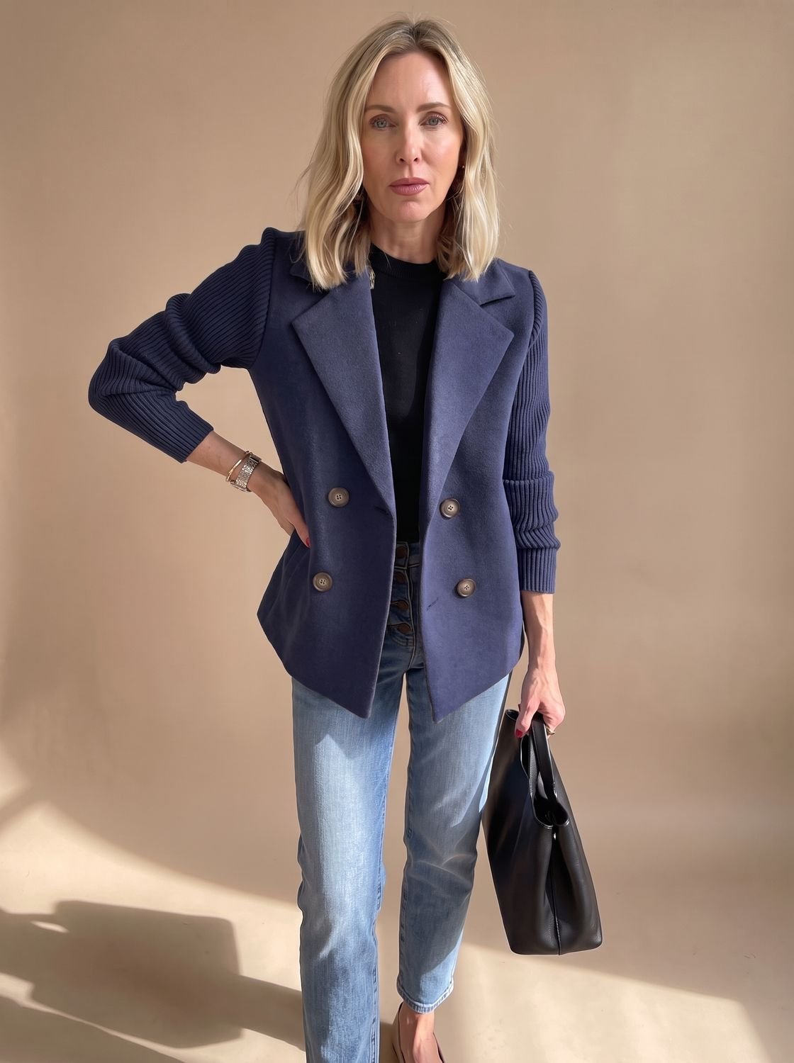 Women's Wool Blend Blazer Knit Sleeve Double-Breasted Notch Lapel Tailored