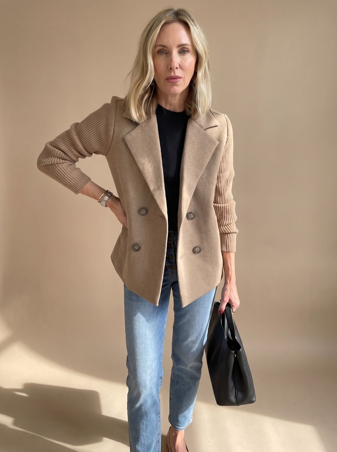 Women's Wool Blend Blazer Knit Sleeve Double-Breasted Notch Lapel Tailored