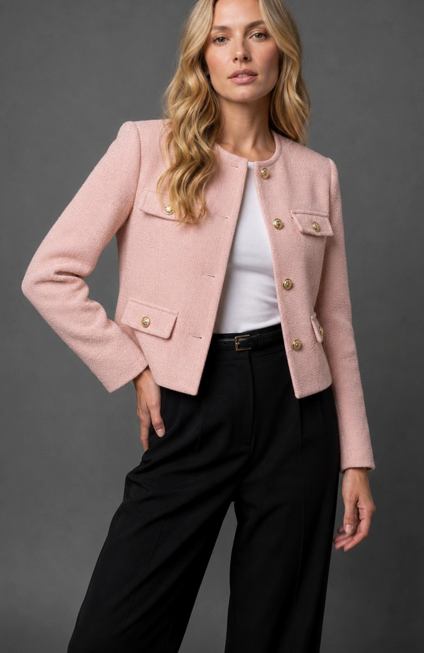Women's Cropped Tweed Blazer Collarless Gold-Button Flap-Pocket Fitted Tailored