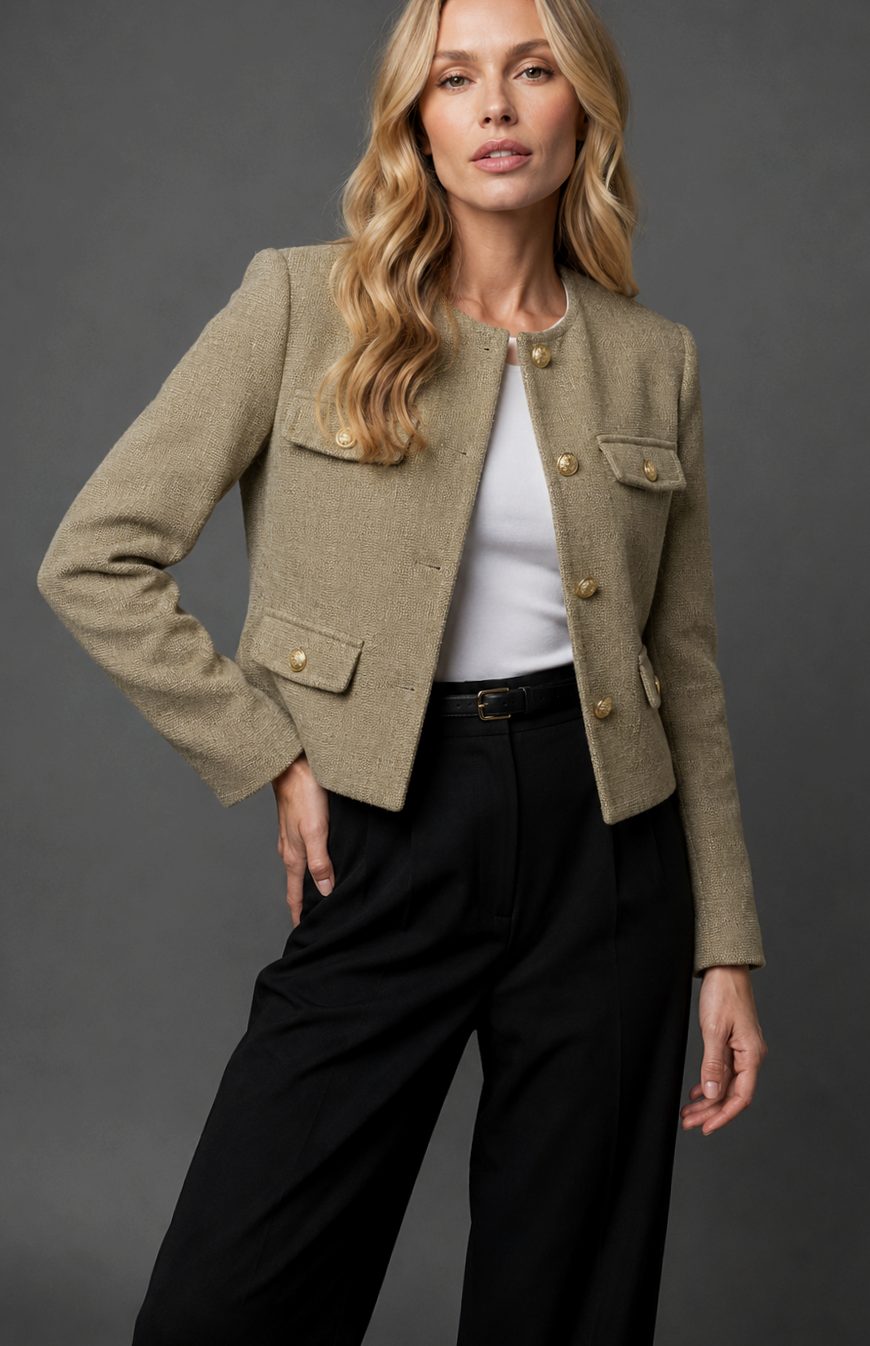 Women's Cropped Tweed Blazer Collarless Gold-Button Flap-Pocket Fitted Tailored