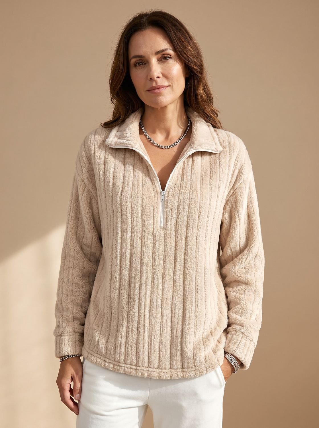 Women's Ribbed Plush Fleece Half-Zip Pullover Stand Collar Relaxed Cozy Warm
