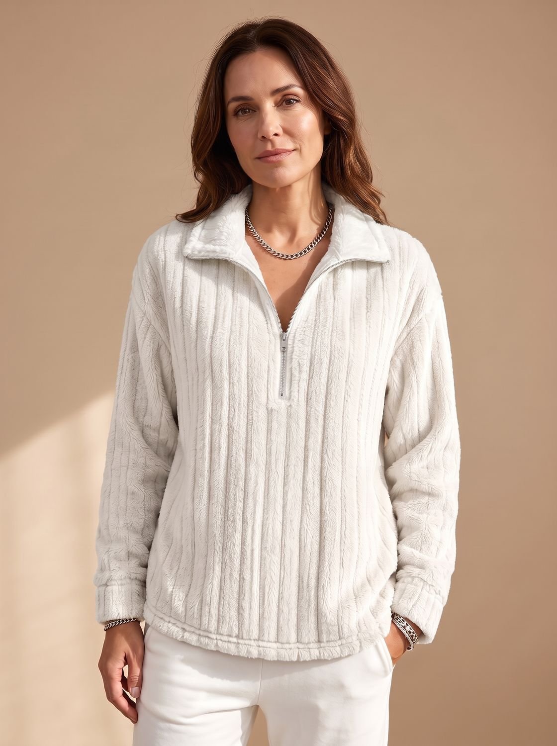 Women's Ribbed Plush Fleece Half-Zip Pullover Stand Collar Relaxed Cozy Warm