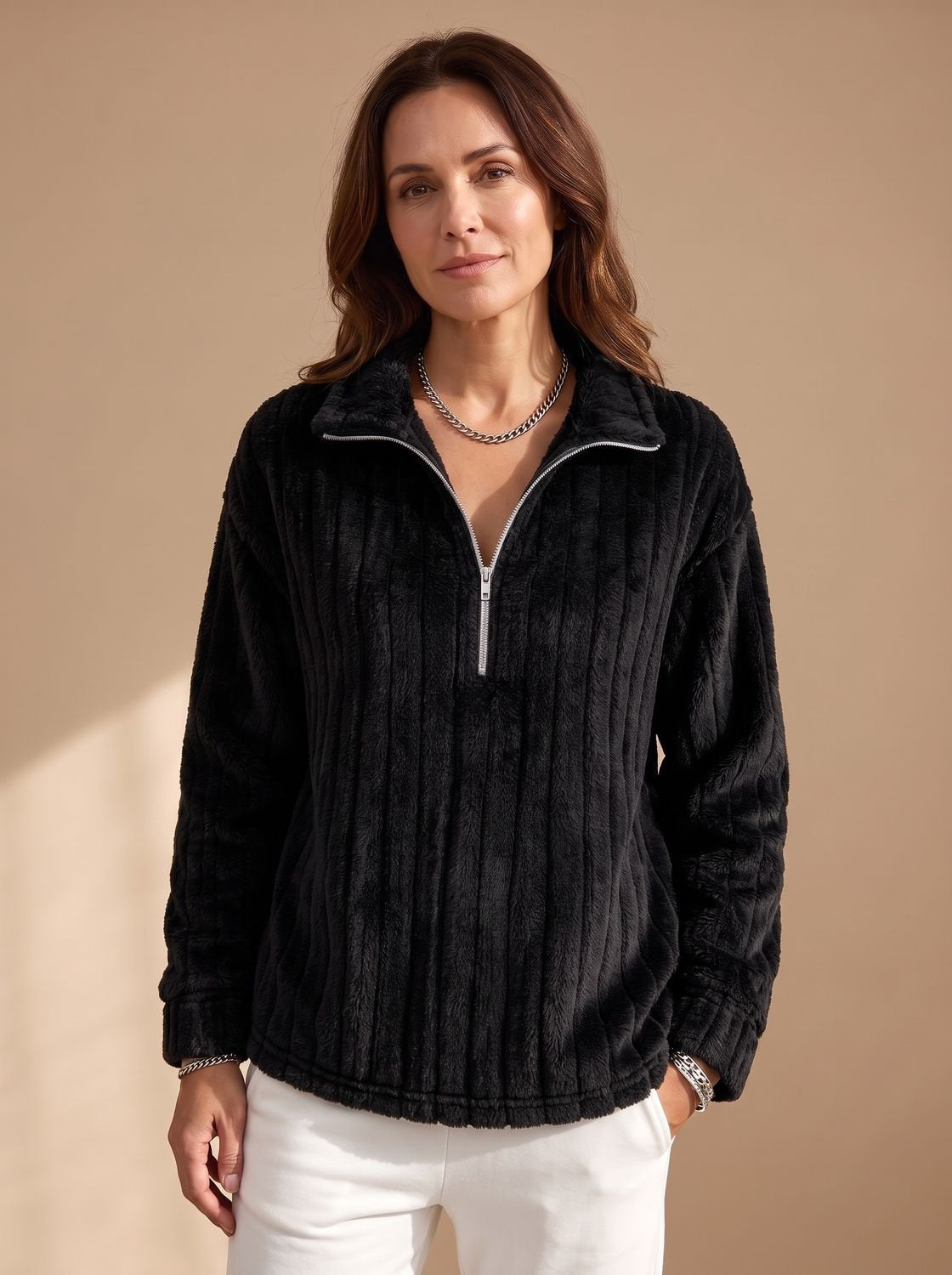 Women's Ribbed Plush Fleece Half-Zip Pullover Stand Collar Relaxed Cozy Warm