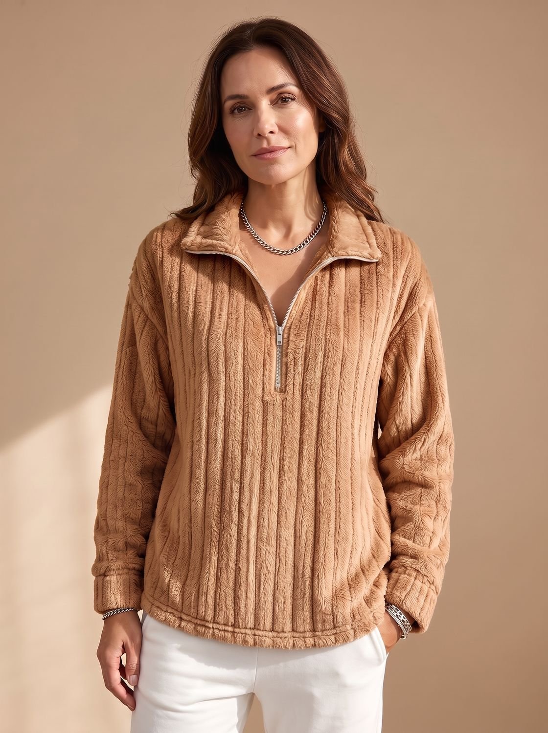 Women's Ribbed Plush Fleece Half-Zip Pullover Stand Collar Relaxed Cozy Warm
