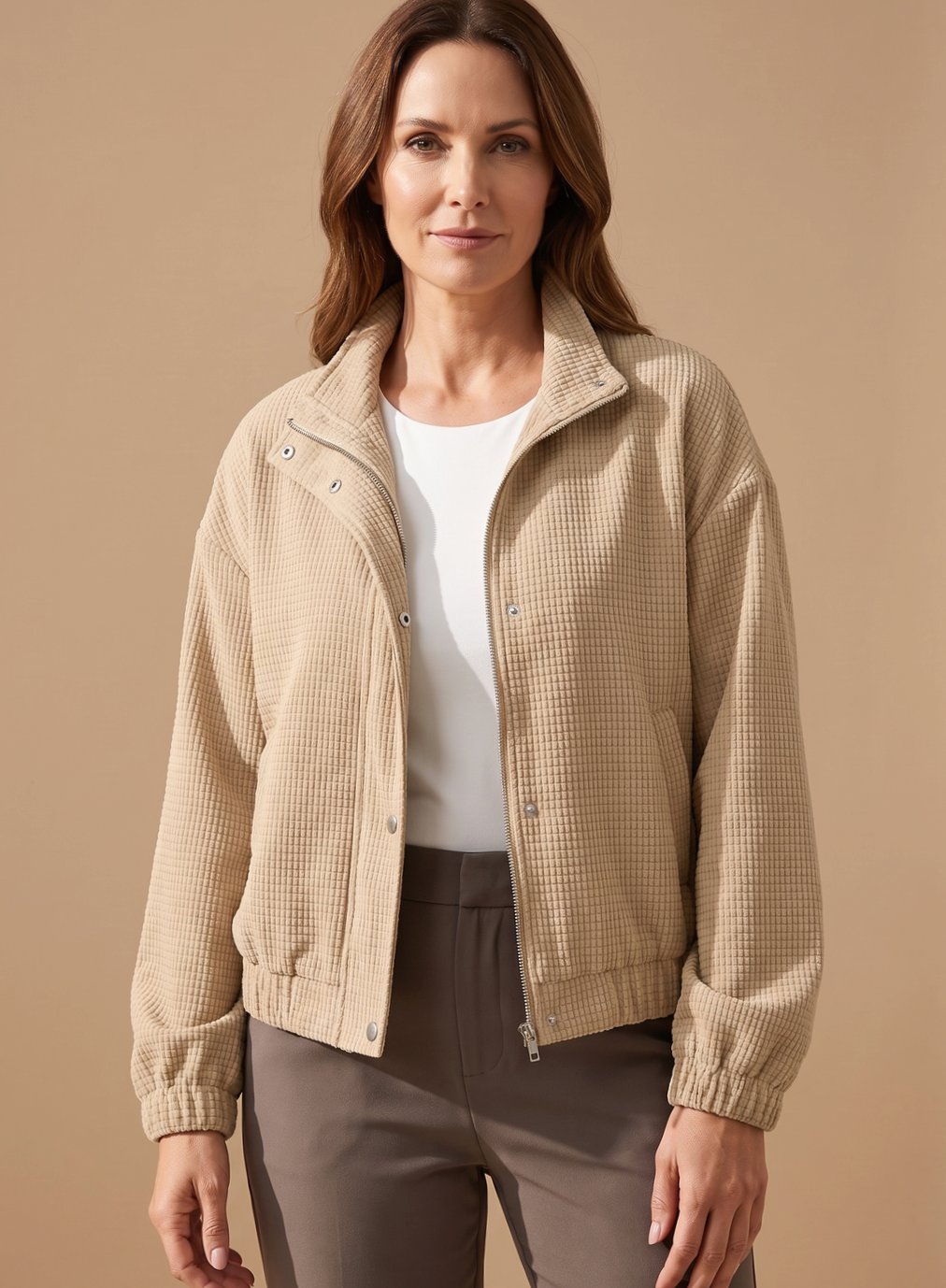 Women's Waffle Knit Bomber Jacket Stand Collar Snap-Front Relaxed Cozy