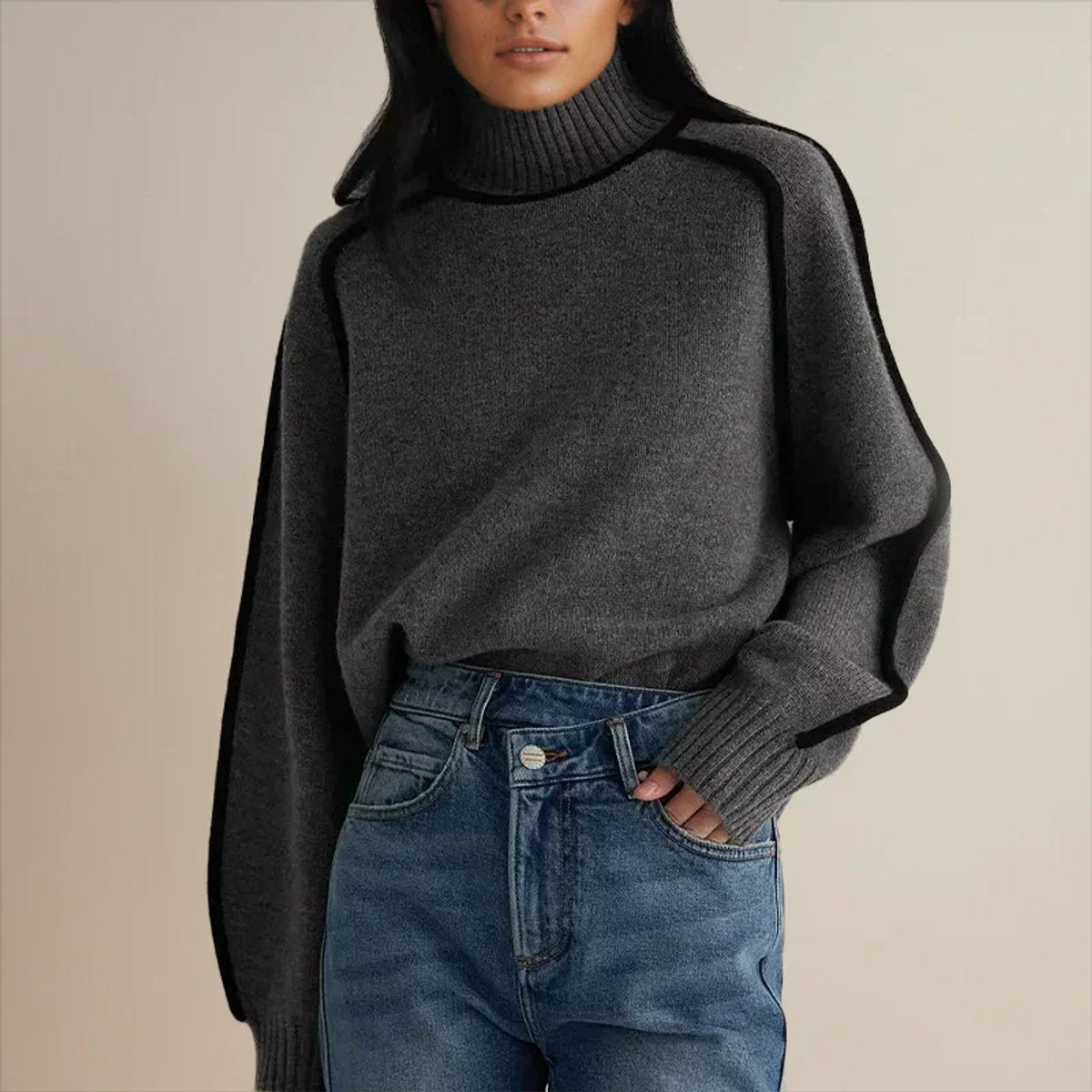 Women's Oversized Turtleneck Sweater Contrast Piping Drop-Shoulder Relaxed Pullover