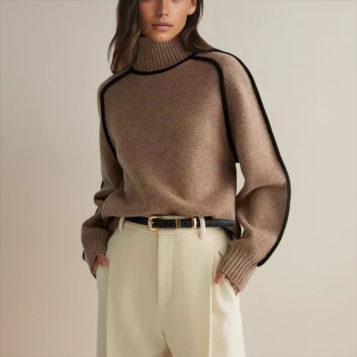 Women's Oversized Turtleneck Sweater Contrast Piping Drop-Shoulder Relaxed Pullover