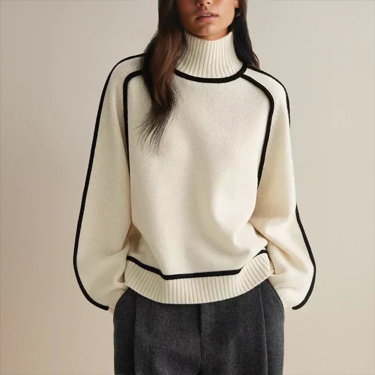 Women's Oversized Turtleneck Sweater Contrast Piping Drop-Shoulder Relaxed Pullover