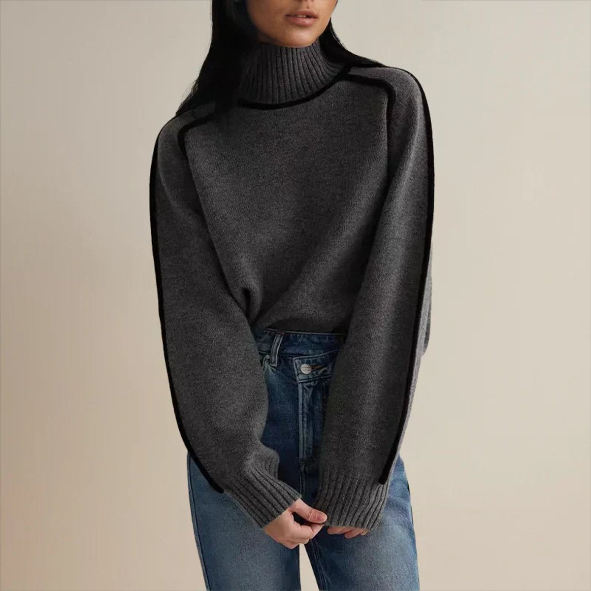 Women's Oversized Turtleneck Sweater Contrast Piping Drop-Shoulder Relaxed Pullover