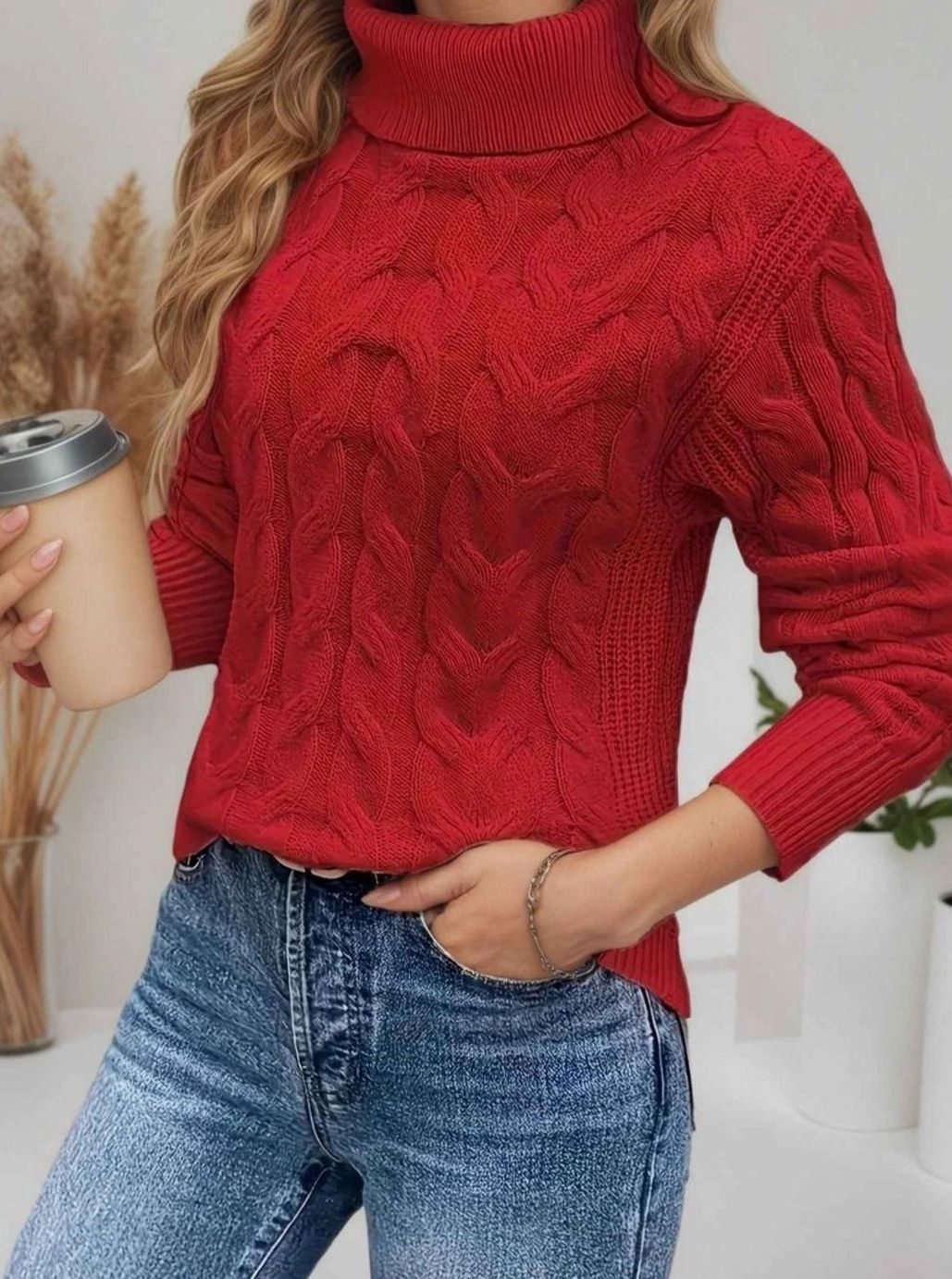 Women's Cable Knit Turtleneck Sweater Textured Long-Sleeve Fitted Relaxed Pullover