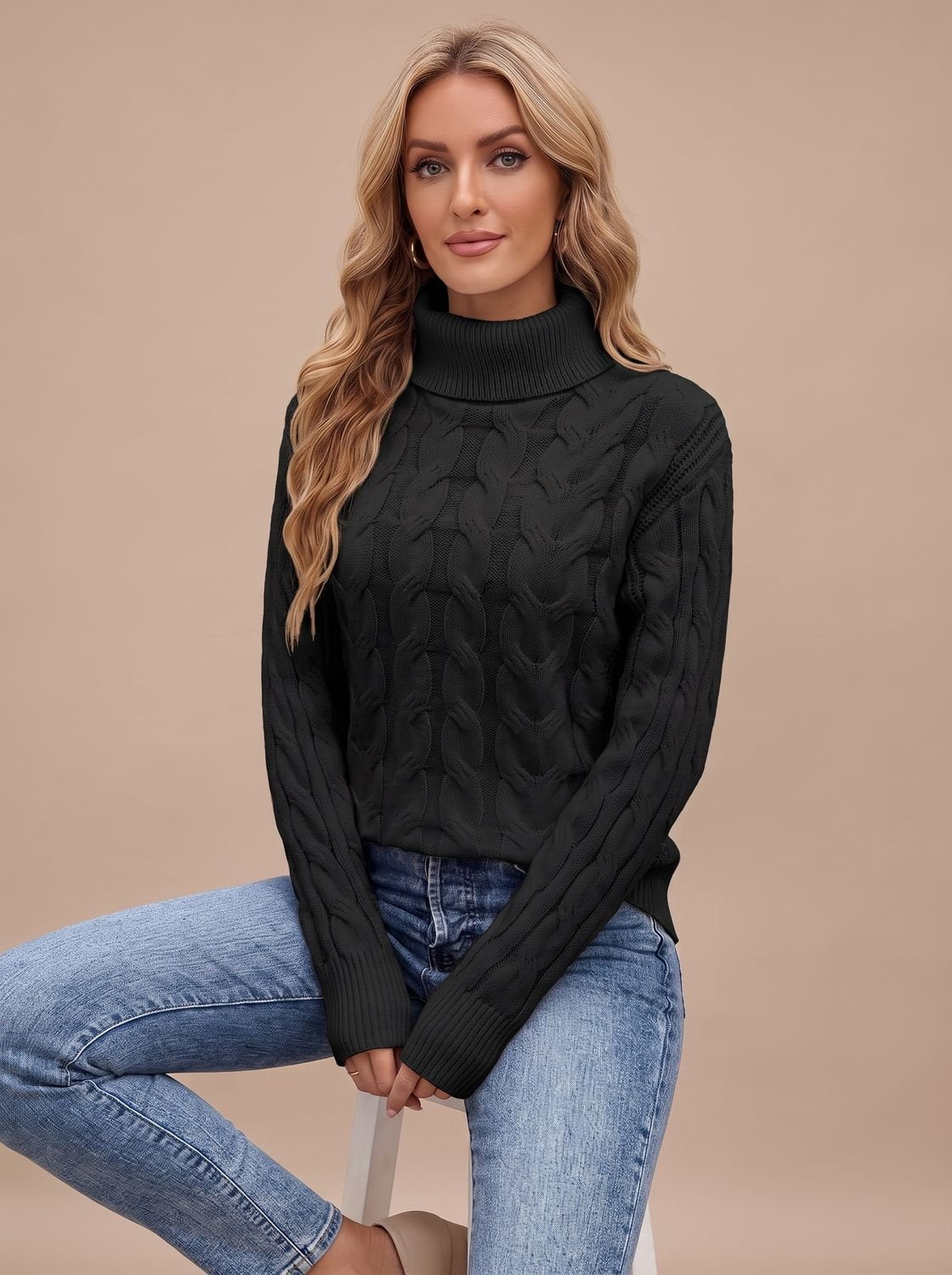 Women's Cable Knit Turtleneck Sweater Textured Long-Sleeve Fitted Relaxed Pullover