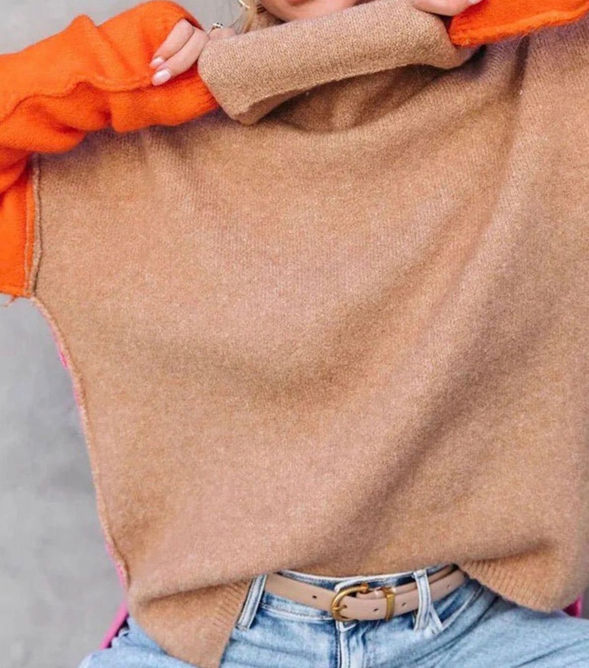 Women's Colorblock Turtleneck Sweater Oversized Drop-Shoulder Relaxed Chunky Pullover