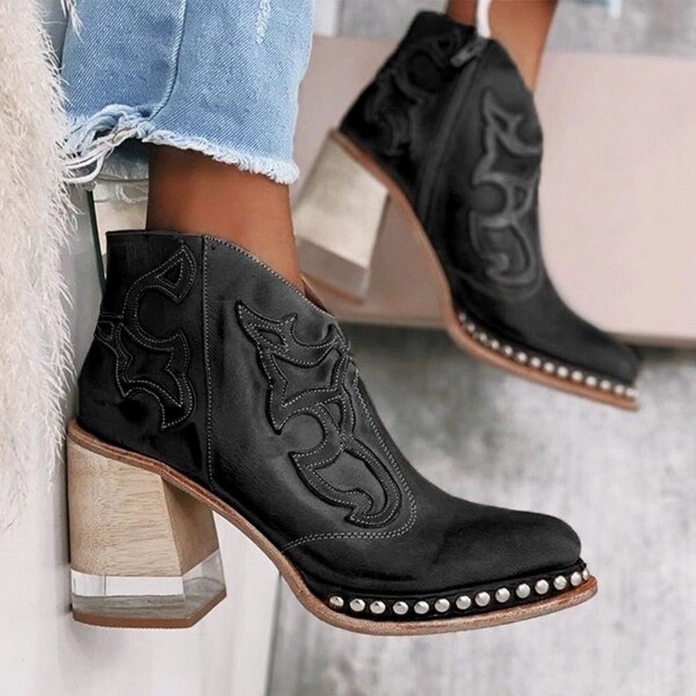 Women's Faux Leather Western Ankle Boots Embroidered Studded Block Heel