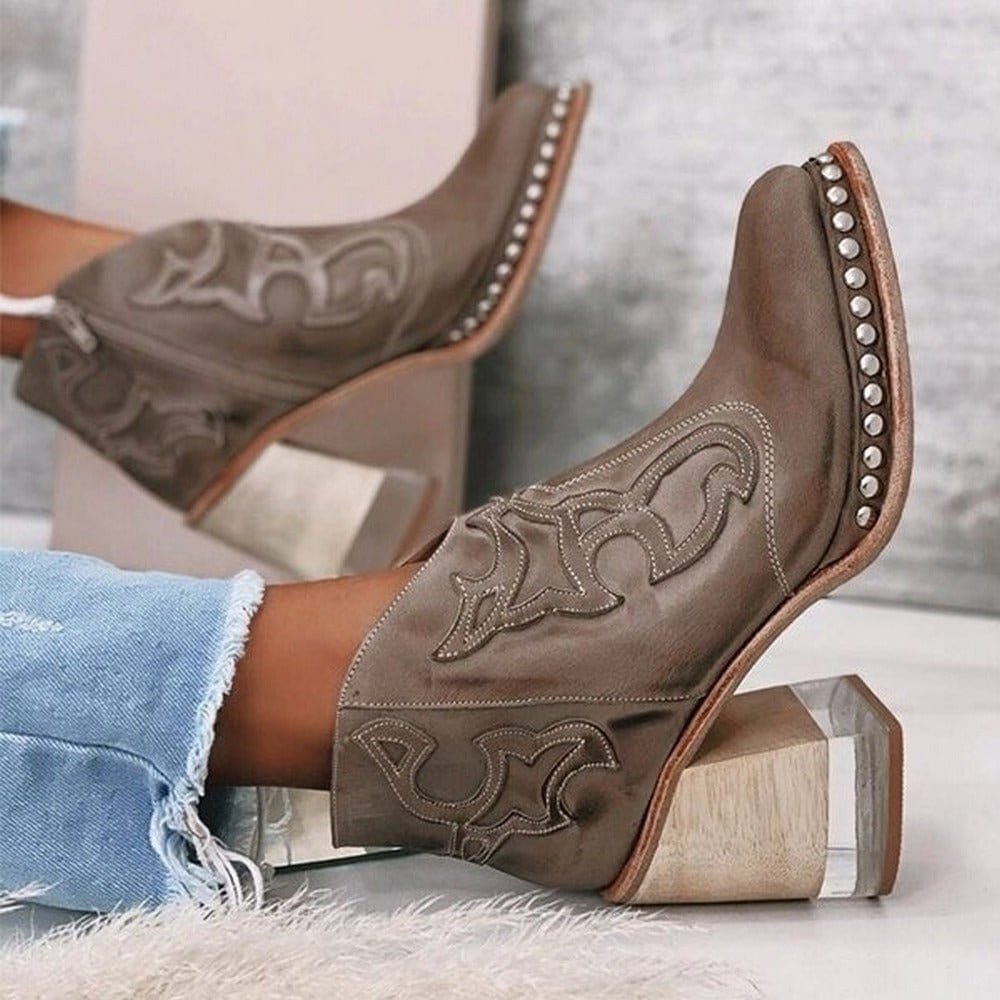 Women's Faux Leather Western Ankle Boots Embroidered Studded Block Heel