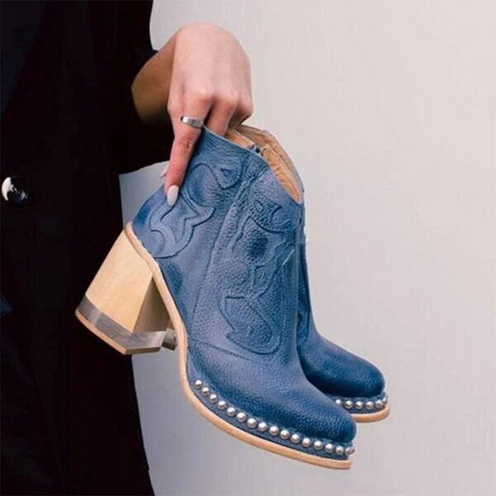 Women's Faux Leather Western Ankle Boots Embroidered Studded Block Heel