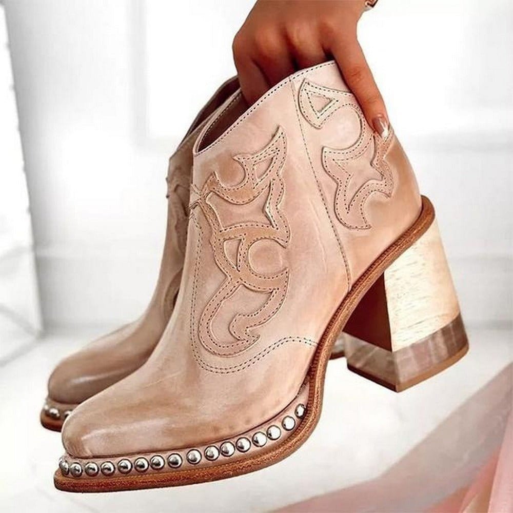 Women's Faux Leather Western Ankle Boots Embroidered Studded Block Heel