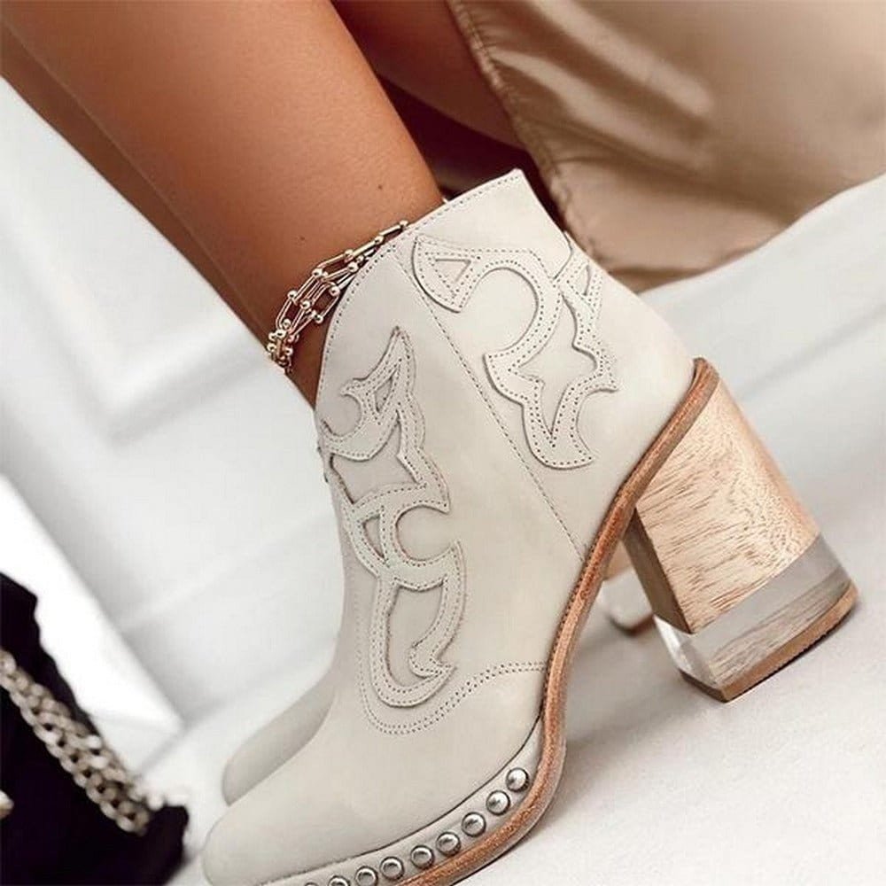 Women's Faux Leather Western Ankle Boots Embroidered Studded Block Heel