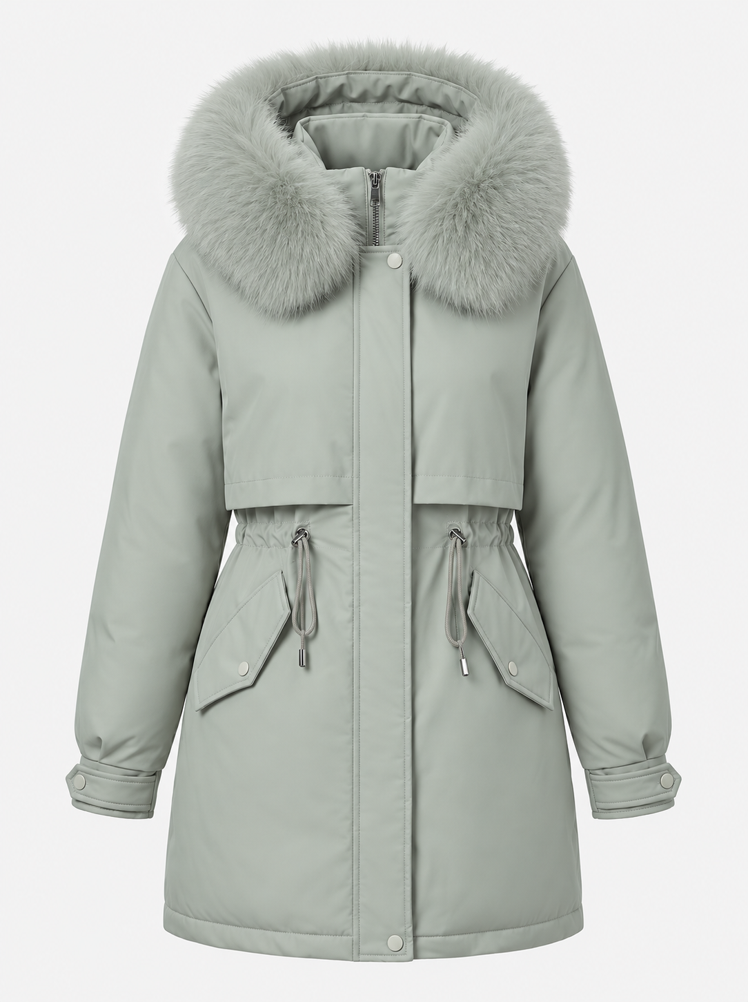 Women's Faux-Fur Hooded Parka Drawstring Waist Zip-Up Padded Flap-Pocket Warm