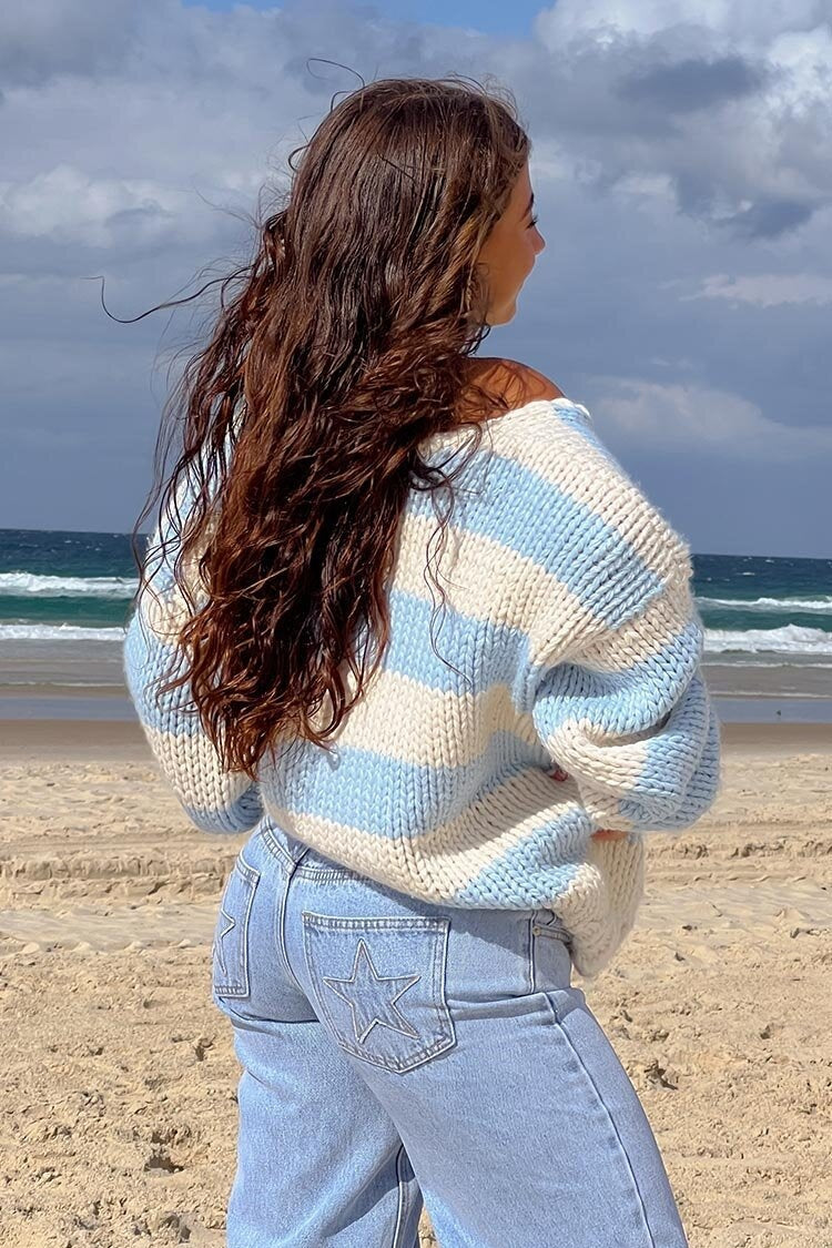 Women's Striped Chunky Knit Sweater Off-Shoulder Oversized Hand-Knit Relaxed