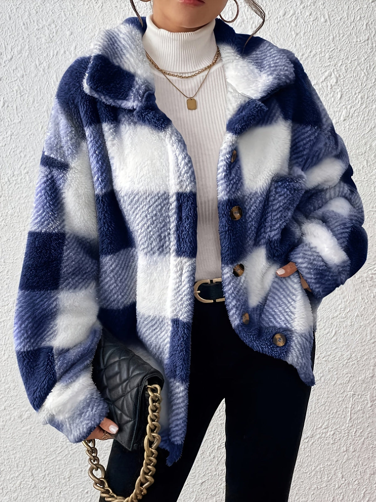 Women's Plaid Plush Shacket Button-Front Collared Teddy Fleece Oversized Warm