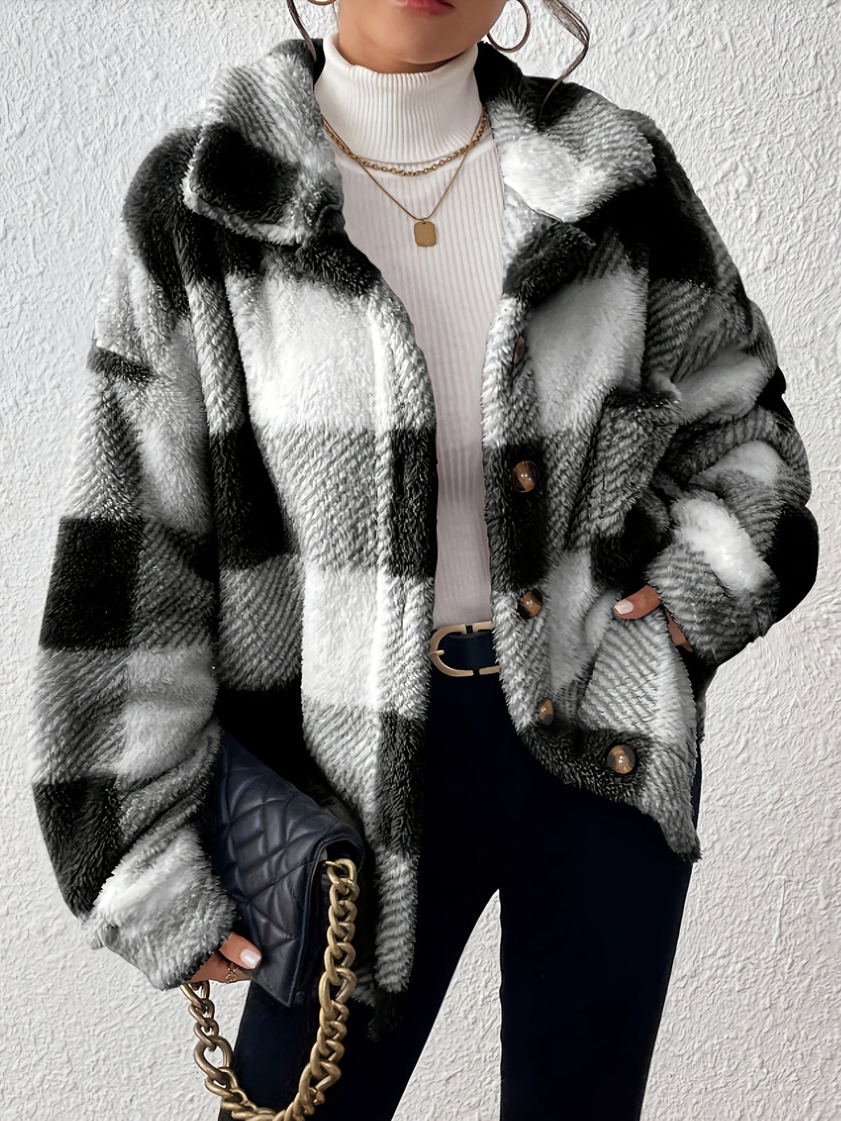 Women's Plaid Plush Shacket Button-Front Collared Teddy Fleece Oversized Warm