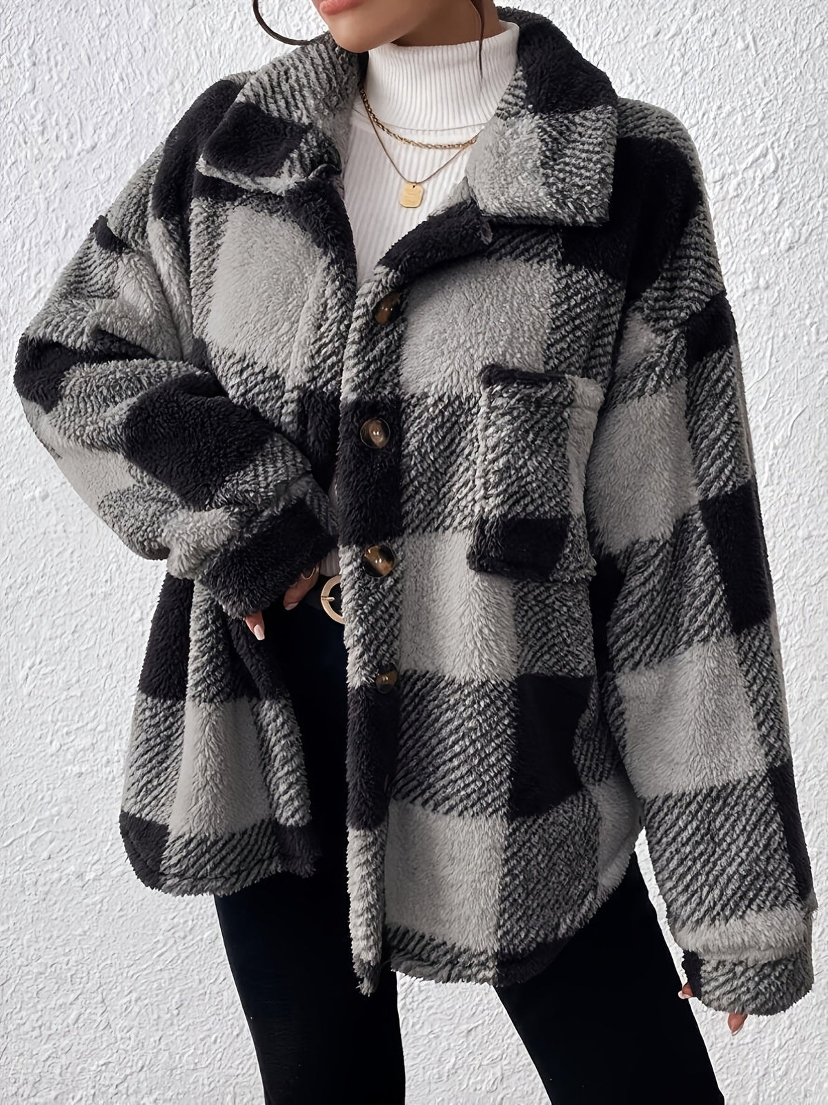 Women's Plaid Plush Shacket Button-Front Collared Teddy Fleece Oversized Warm