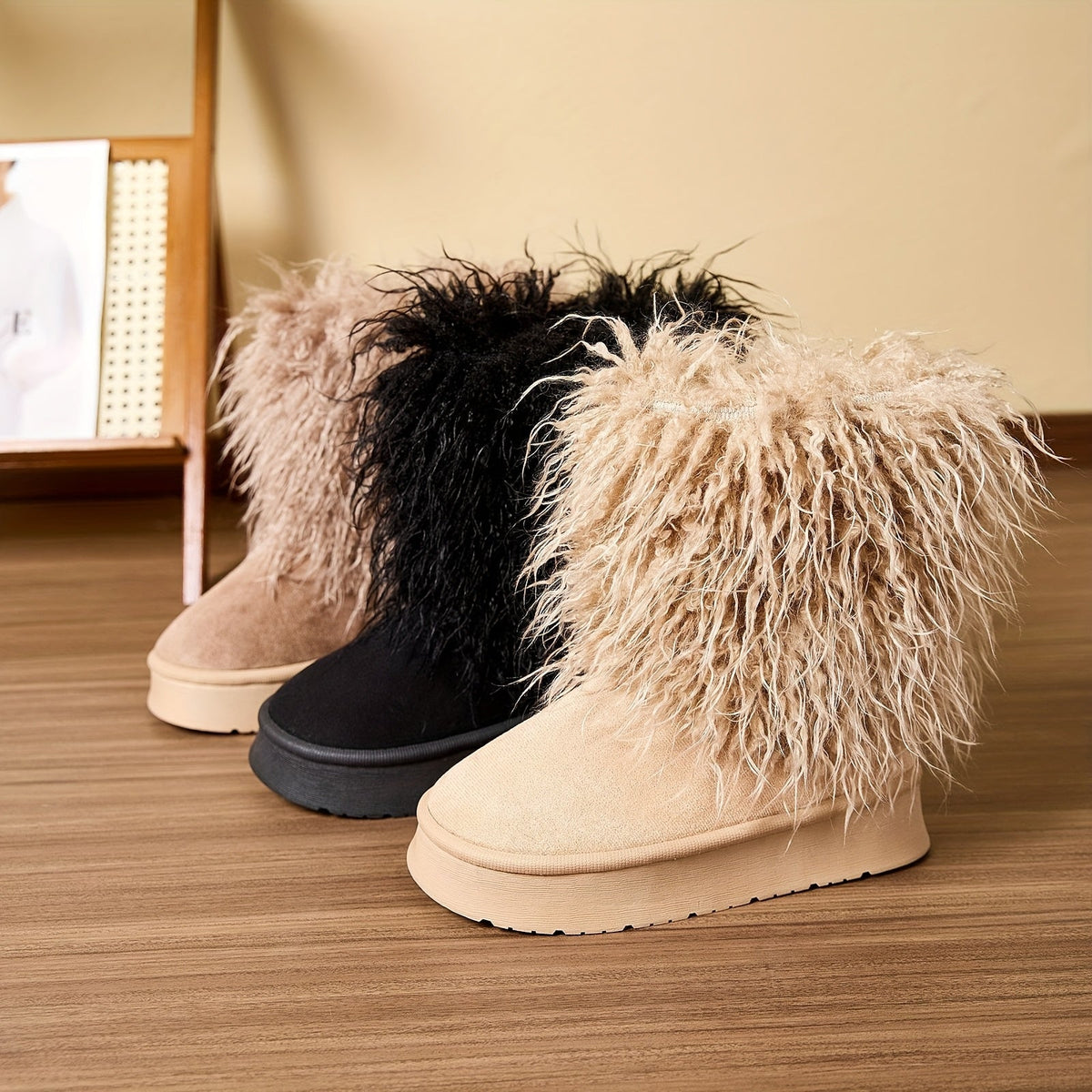 Women's Shaggy Faux Fur Boots Mid-Calf Platform Winter Warm Plush Slip-On