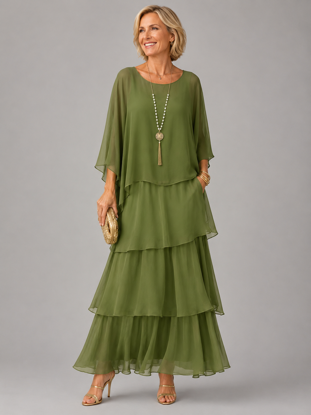 Women's Chiffon Maxi Dress Round Neck Tiered Layered Capelet Pockets Flowy