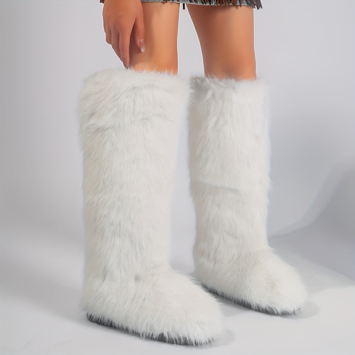 Women's Faux Fur Boots Knee-High Fluffy Tall Winter Warm Plush Slip-On