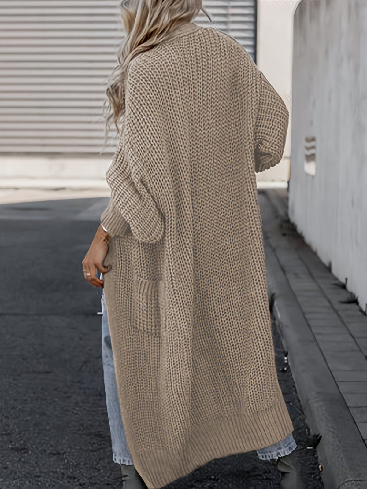Women's Wool Knit Longline Cardigan Open-Front Chunky Patch-Pocket Maxi