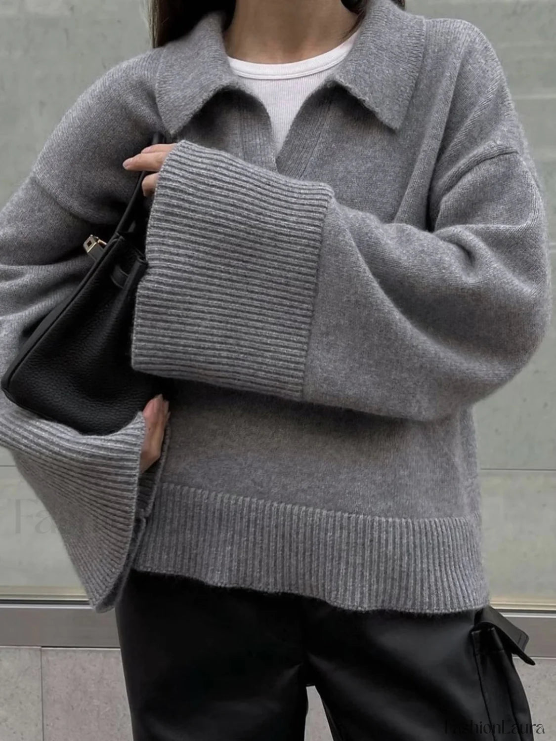 Women's Grey Polo Collar Knit Sweater Oversized Drop-Shoulder Minimalist