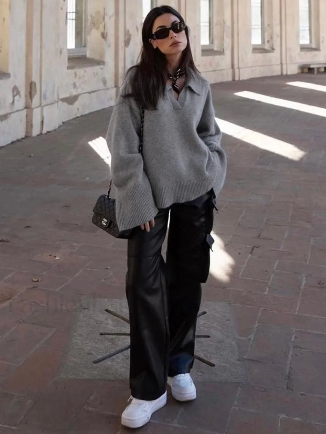 Women's Grey Polo Collar Knit Sweater Oversized Drop-Shoulder Minimalist