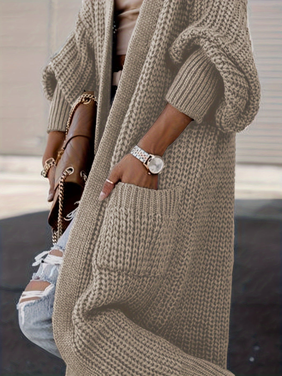 Women's Wool Knit Longline Cardigan Open-Front Chunky Patch-Pocket Maxi