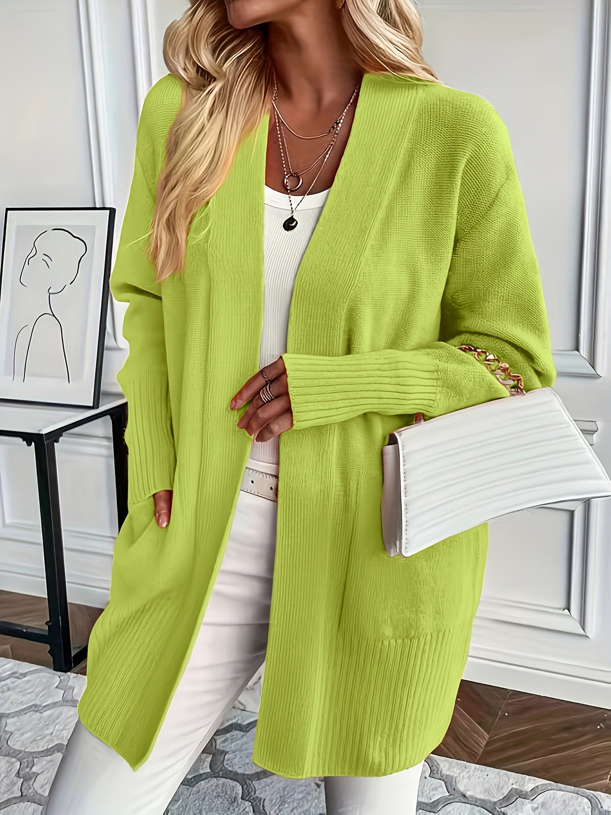 Women's Open-Front Knit Cardigan Ribbed-Trim Longline Drop-Shoulder Pockets Relaxed