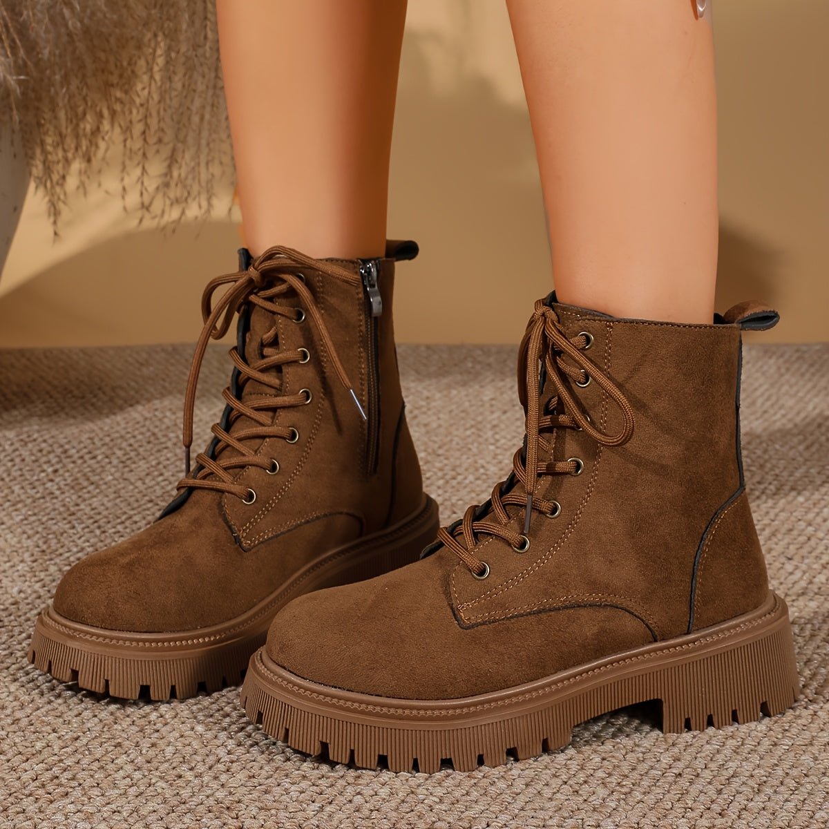 Women's Suede Combat Ankle Boots Lace-Up Side-Zip Platform Lug-Sole Brown
