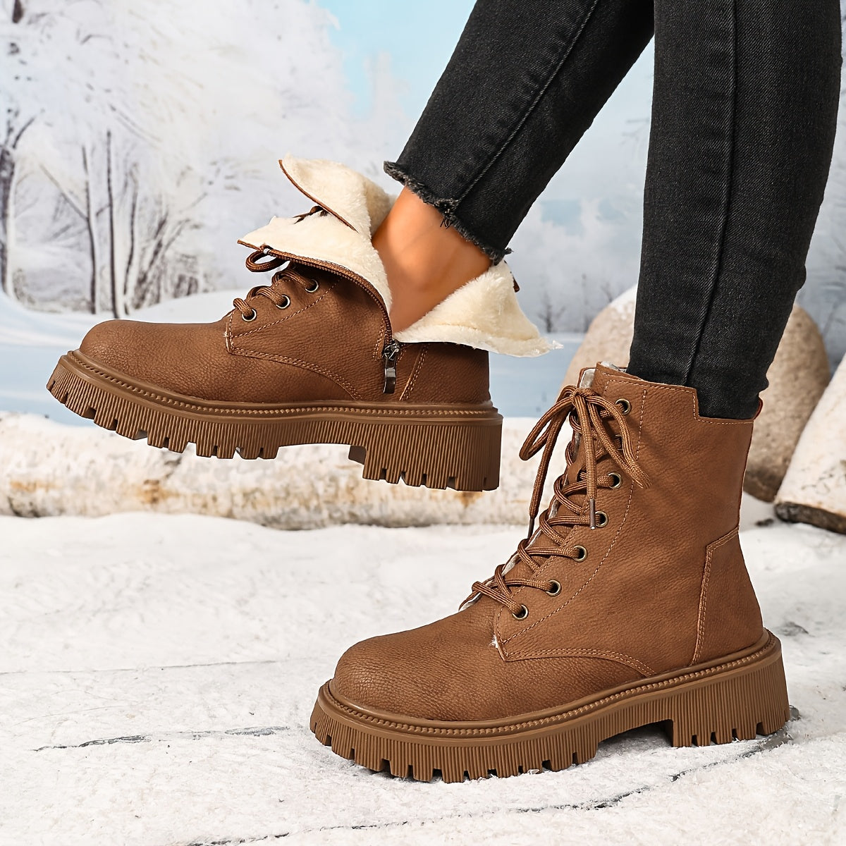 Women's Platform Combat Boots Lace-Up Side-Zip Lug-Sole Fleece-Lined Ankle