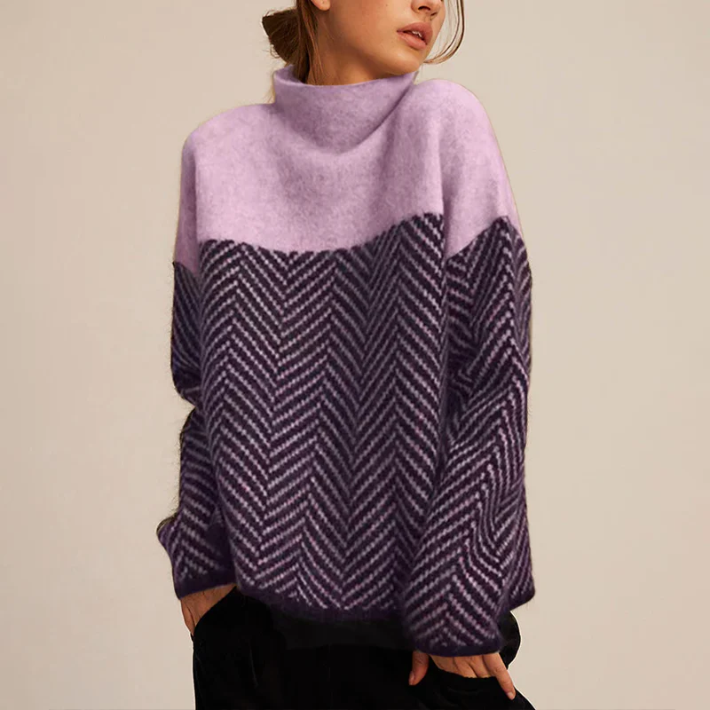 Women's Herringbone Turtleneck Sweater Colorblock Chunky Oversized Funnel-Neck