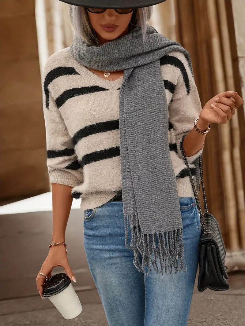 Women's Striped V-Neck Knit Sweater Fuzzy Mohair Relaxed Drop-Shoulder