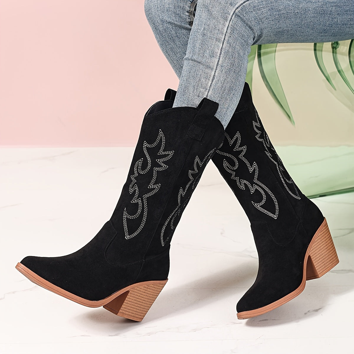Women's Suede Western Boots Embroidered Block Heel Pointed-Toe Black
